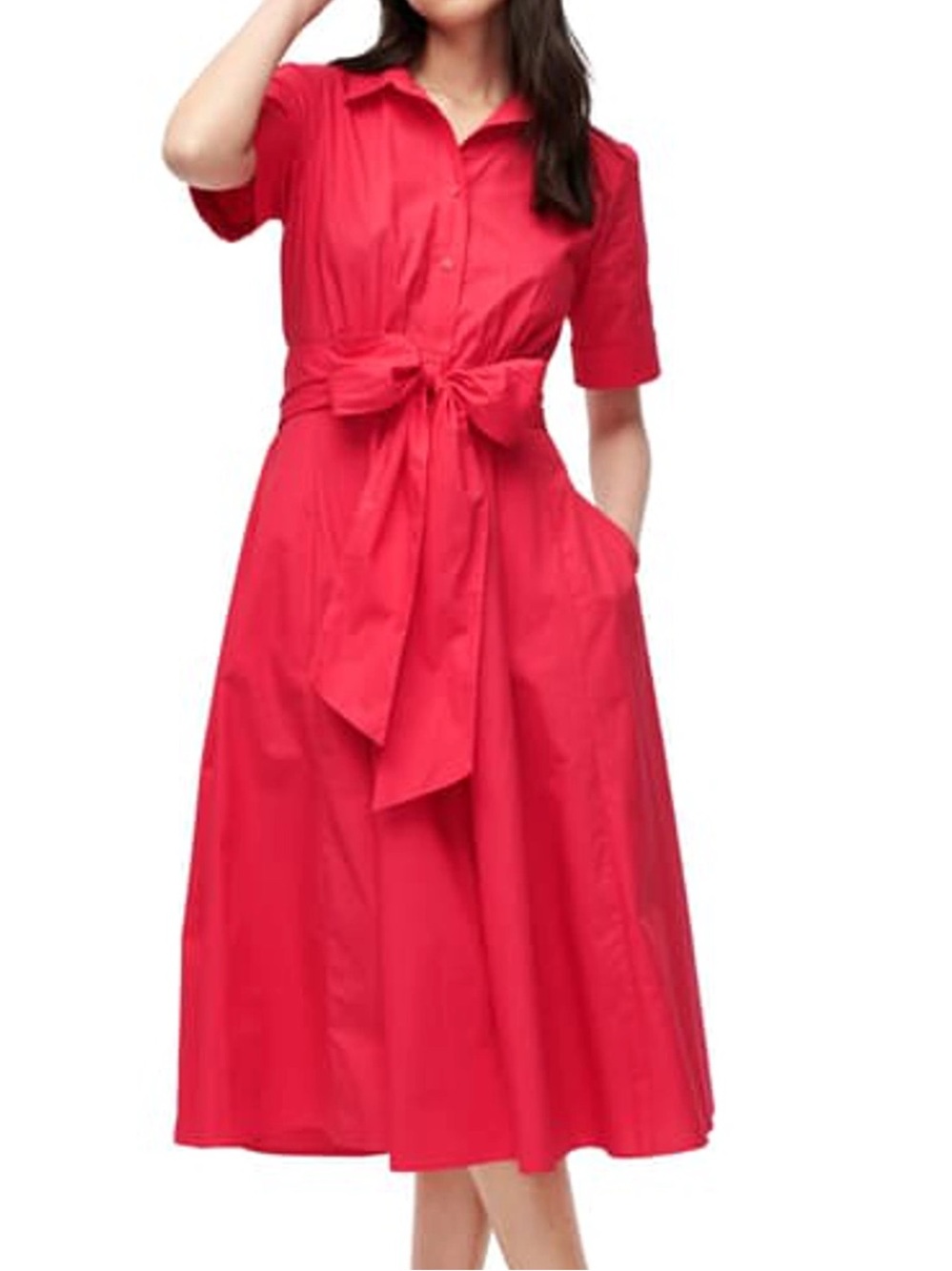 J. Crew Tie Waist Short Sleeve Shirtdress Bright Rose Hot Pink Cotton Midi Dress
